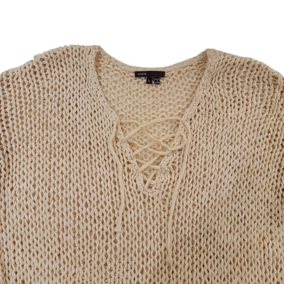 Vince Sweater Size Large Tan Shoelace Neck Hand Knit Chunky Open Cotton Airy - Picture 3 of 9